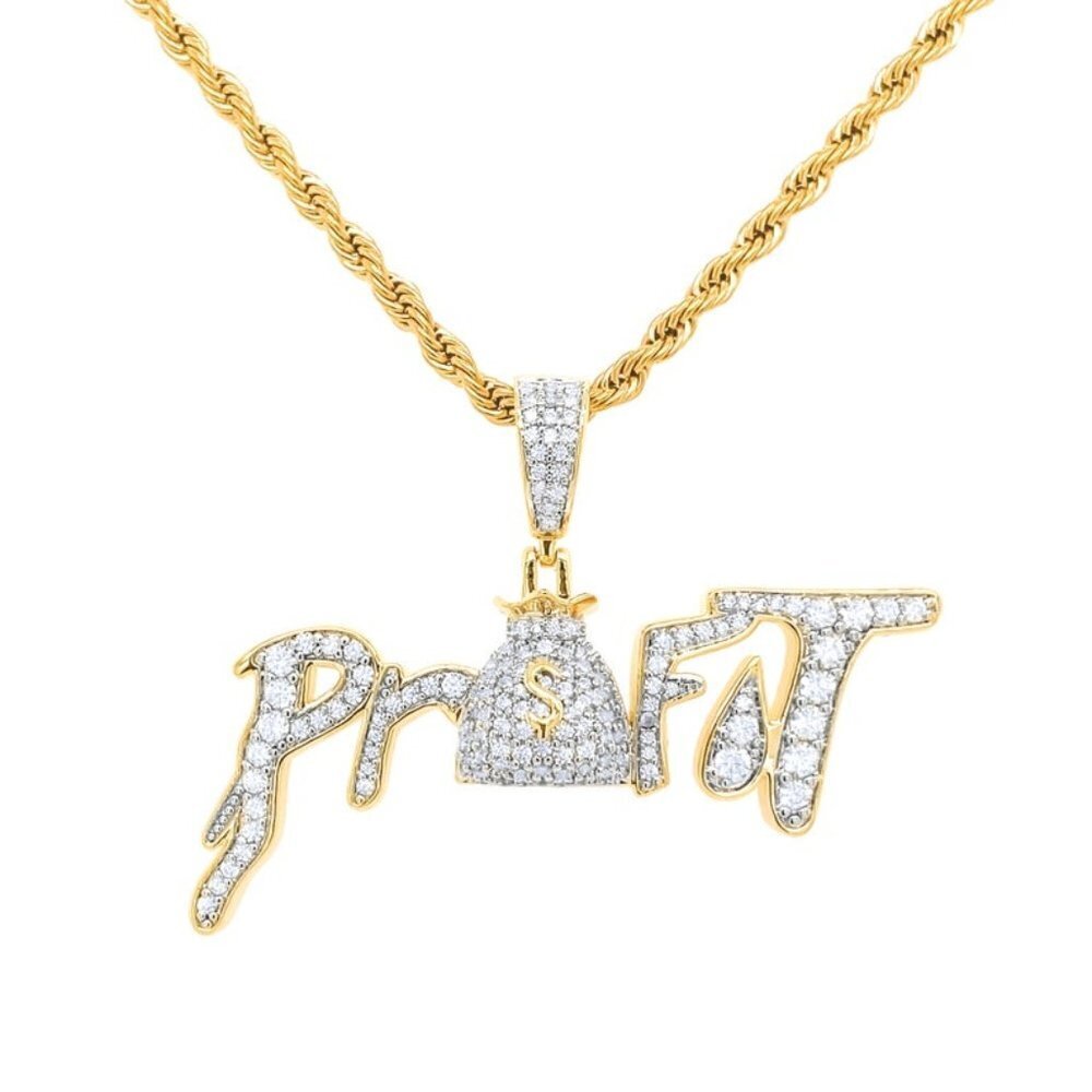 14k Gold Finish Profit Pendant Simulated Diamond